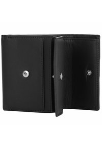 Schwarze Lederbörse mit Druckverschluss. Verfügt über eine glatte Textur, minimalistisches Design und interne Fächer für Karten und Bargeld.