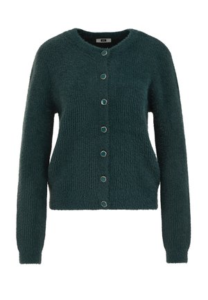 Cardigan en velours teal avec un col rond, doté de six grands boutons ronds et d'une texture côtelée. Manches longues se rétrécissant au poignet.