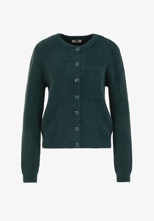 Cardigan peloso color turchese con scollatura tonda, caratterizzato da sei grandi bottoni rotondi e una texture a coste. Maniche lunghe che si restringono ai polsi.