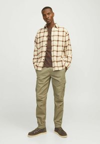 Beige en bruine geruite flanellen overhemd over een bruin T-shirt met ronde hals; olijfgroene cargobroek met meerdere zakken; bruine wandelschoenen.