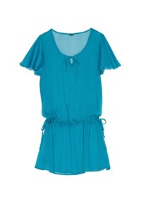 Abito corto teal con maniche a sbuffo, vita arricciata e chiusura a fiocco al collo. Realizzato in tessuto leggero e con texture.