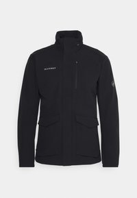 Veste noire imperméable avec col haut, dotée d'une poche poitrine zippée, de deux poches avant et d'un logo sur le côté gauche de la poitrine.