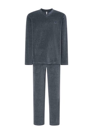 Conjunto de loungewear de suave lana polar gris que incluye una parte superior de manga larga con escote en V y pantalones a juego con bolsillos, confeccionado en un material cómodo.