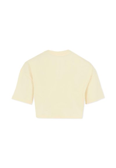 Geknipt t-shirt in lichtgele katoen, met korte mouwen en een ronde hals. Vlotte textuur met minimale naden en details.