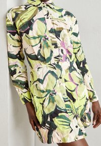 Napinneiden mekko kevyestä kankaasta, jossa on eloisa kukkakuosi vihreän, vaaleanpunaisen ja mustan sävyissä. Pitkät hihat ja kaulusyksityiskohta.