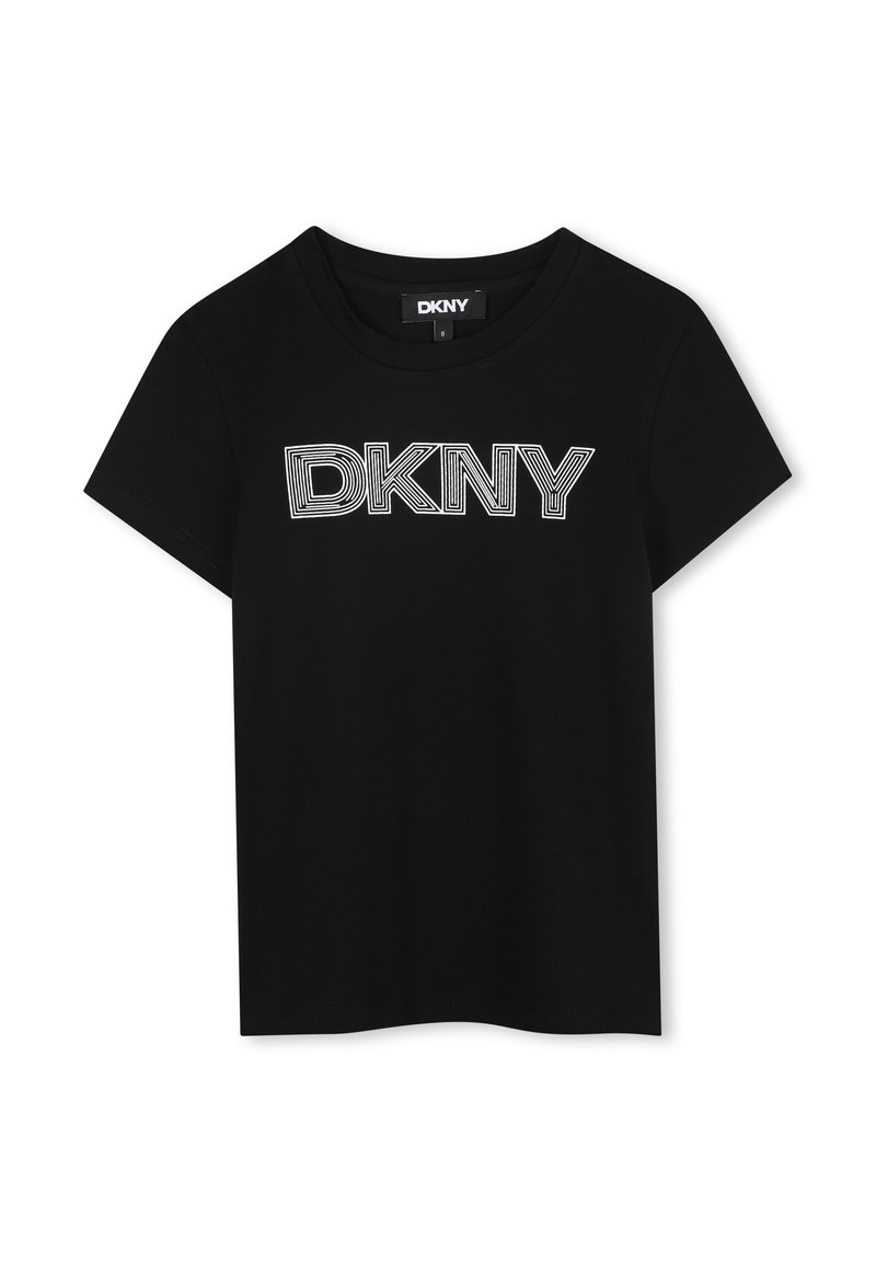 Zwarte katoenen T-shirt met korte mouwen en een ronde hals. Aan de voorkant staat "DKNY" in gedurfde witte gestreepte letters. Soepele textuur.