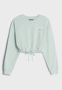 Mátově zelená zkrácená mikina s dlouhými rukávy, stažením v dolní části a bílým potiskem loga se slovem "GEORGIA" a diamantovými detaily.