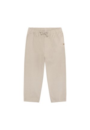 Pantalon beige léger avec une taille élastique et un cordon de serrage. Doté d'une poche latérale et d'une coupe droite, fabriqué dans un tissu lisse.