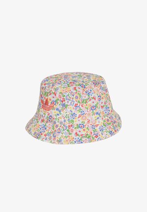 Kwiatowy kapelusz typu bucket, wykonany z materiału, z wielokolorowym wzorem czerwonych, niebieskich i zielonych kwiatów. Czerwone logo z boku.