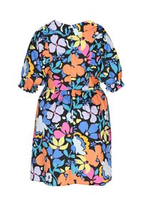 Rochie florală cu culori vibrante pe un fundal negru, cu mâneci scurte tip puff, talie elastică și detalii fâlfâietoare. Partea din spate prezintă o decolteu în formă de V.