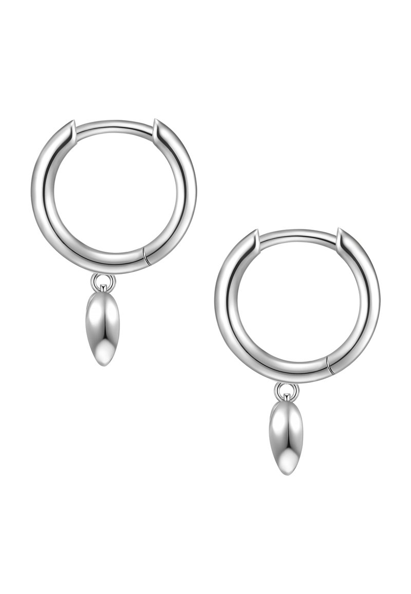 Sidabriniai auskarai žiedai su lygia, blizgia apdaila ir kabančia forma centre, pabrėžiančia suapvalintą, pailgą formą.