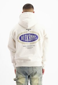 Lichtgrijze hoodie met een groot blauw ovaal logo op de achterkant, versierd met lauwerbladen en bijbehorende tekst. Katoenmix materiaal.