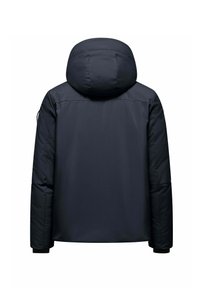 Giacca a vento blu navy con cappuccio, tasche con zip e polsini elastici. Finitura liscia e opaca con una silhouette strutturata.