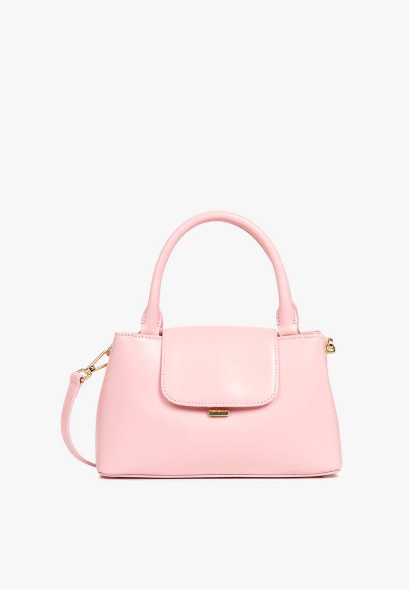 Borsa a tracolla in pelle rosa con una forma strutturata, doppi manici superiori e una tracolla rimovibile. Caratterizzata da una chiusura a pattina e finiture in oro.