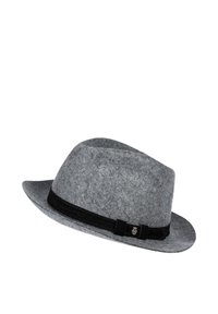 Grey felt fedora hat with a black velvet band and a small metallic detail. The hat features a classic, wide-brimmed shape and smooth texture.
