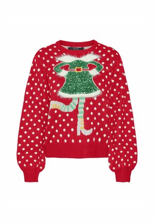 Rød sweater med hvide prikker, der har et grønt glitrende kjoledesign. Lange ærmer, ribbede manchetter og cropped kant. Bemærkelsesværdige fluffy detaljer.
