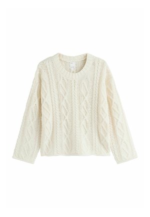 Flødefarvet kabelstrikket sweater med lange ærmer og rund halsudskæring, med et tekstureret diamant- og fletmønster.