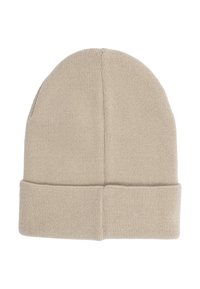 Beżowa dzianinowa czapka z miękką teksturą, z zagiętym mankietem i bezszwową, zaokrągloną koroną, zapewniającą dopasowanie.