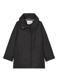 Giacca nera trapuntata con colletto alto, chiusura a scatti, due tasche laterali e un'etichetta interna. Presenta un design elegante e casual per facilitare i movimenti.