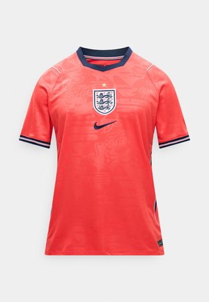 Rødt Englands fotballtrøye med marineblå krage og ermekant, Englands lagmerke med én stjerne og marineblå Nike-logo på brystet.