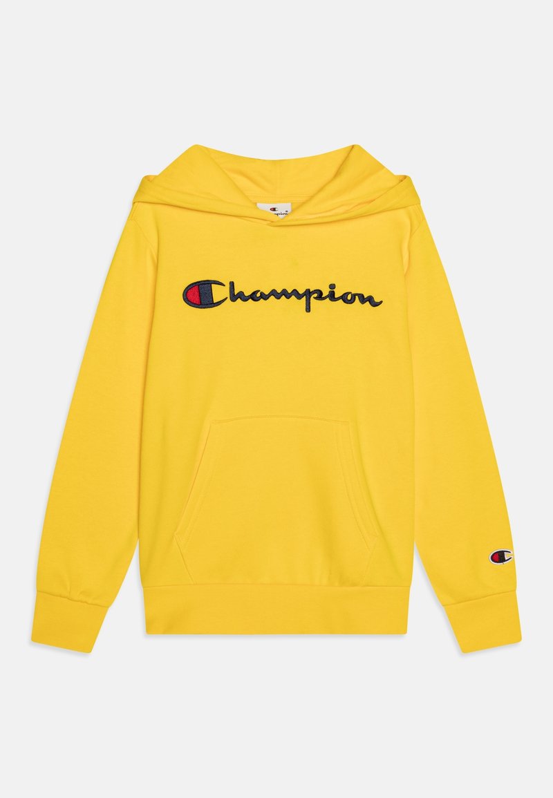 Felpa gialla con cappuccio, tasca anteriore e logo "Champion" ricamato. Polsini e vita a coste, texture del tessuto morbida.