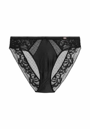 Svarta trosor med spetsdetaljer och blommönster, prickig mesh och en slät mittpanel. Klassisk bikini-kut design.