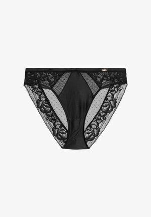 Sorte trusser med blonder detaljer, blomster mønster, sædvanlige prikker mesh sektioner og en glat central panel. Klassisk bikinitrusse design.