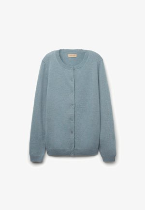 Jasnoniebieski kardigan wykonany z miękkiego materiału, z okrągłym dekoltem, zapięciem na guziki z przodu oraz długimi rękawami z prążkowanymi mankietami i dolnym wykończeniem.