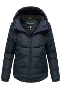 Mørkeblå puffjakke med lynlås, aftagelig hætte og quiltet design. Med justerbare stropper og fleece-foret inderside.