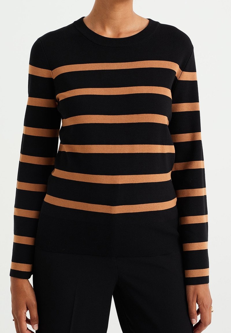 Personne portant un pull noir à manches longues avec des rayures horizontales marron et un pantalon noir, debout devant un fond blanc uni.