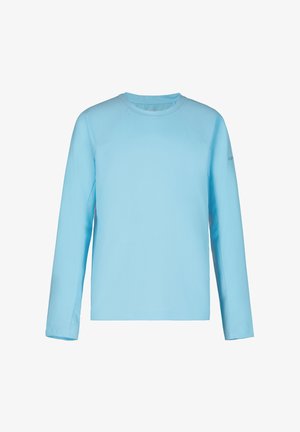 Helleblaues Langarmshirt aus glattem, atmungsaktivem Stoff. Verfügt über einen runden Ausschnitt und Raglanärmel für eine bequeme Passform.