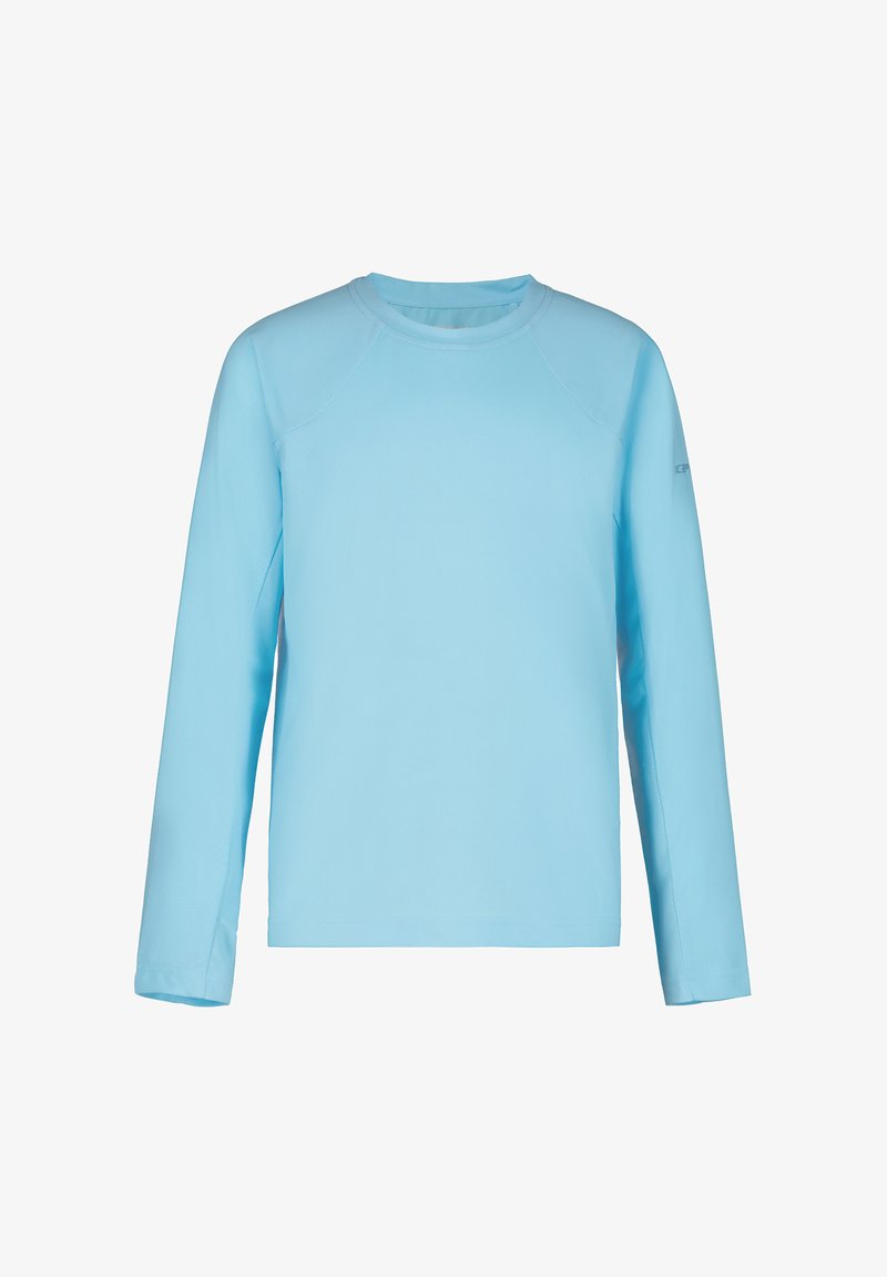 Helleblaues Langarmshirt aus glattem, atmungsaktivem Stoff. Verfügt über einen runden Ausschnitt und Raglanärmel für eine bequeme Passform.