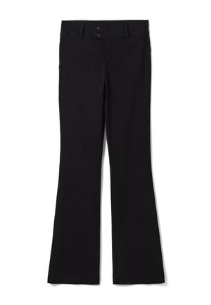 Pantalones negros de pierna recta con dos botones y trabillas en la cintura, colocados planos sobre un fondo blanco.