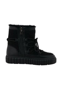 Zwarte heren high-top boots gemaakt van textiel en leer, met externe ritsen, ronde veters en een dikke rubberen zool.