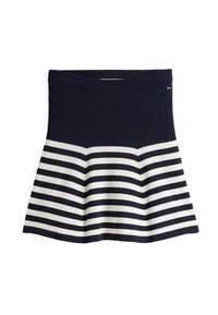 Námorně modrá pletená sukně s rozšířeným tvarem. Má horizontální krémové pruhy a žebrovaný pas. Měkká textura, bez viditelného kovového kování.