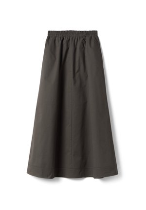 Dunkelgrauer knöchellanger Rock mit elastischem Bund und einfachen Nahtdetails, flach auf einem weißen Hintergrund dargestellt.