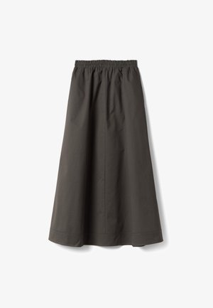 Dunkelgrauer knöchellanger Rock mit elastischem Bund und einfachen Nahtdetails, flach auf einem weißen Hintergrund dargestellt.