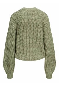 Groene gebreide trui met een gestructureerd patroon, ronde halslijn, raglanmouwen en een relaxte pasvorm, voorzien van een geribde zoom en manchetten.