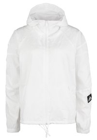 White lightweight jacket with a textured fabric, zip closure, adjustable hem, hood, and black Adidas logo on the left sleeve.