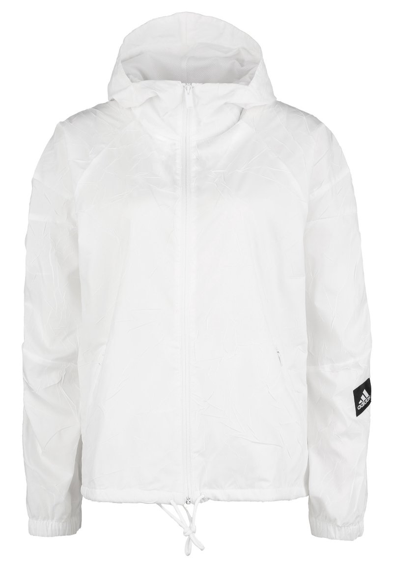 White lightweight jacket with a textured fabric, zip closure, adjustable hem, hood, and black Adidas logo on the left sleeve.