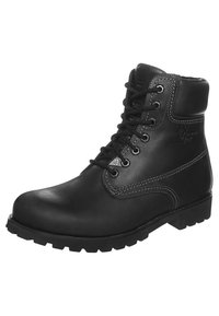 Botín de cuero negro hasta el tobillo con puntera redondeada, diseño de cordones con seis ojales, cuello acolchado y suela de goma con patrón texturizado.