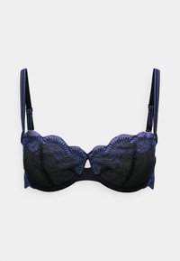 Reggiseno nero con bordi in pizzo blu, coppe semi-trasparenti e spalline regolabili. Presenta un bordo scallop e chiusura con gancio sul retro.