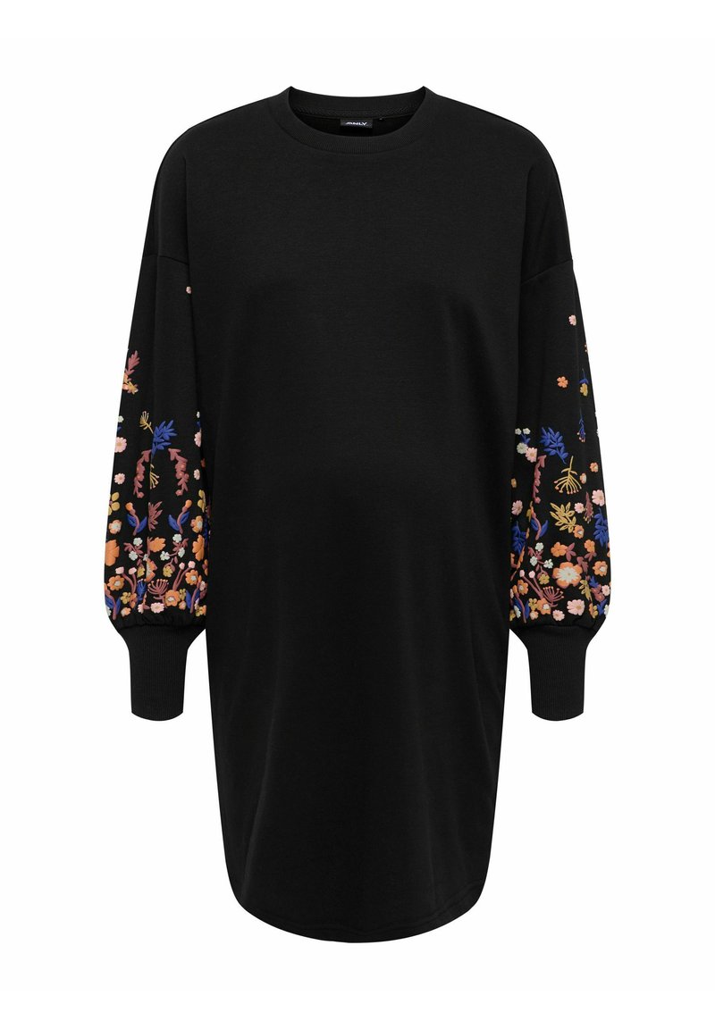 Robe noire avec de longues manches ballons ornées de broderies florales colorées. Fabriquée en tissu doux, elle présente un col rond et une coupe décontractée.