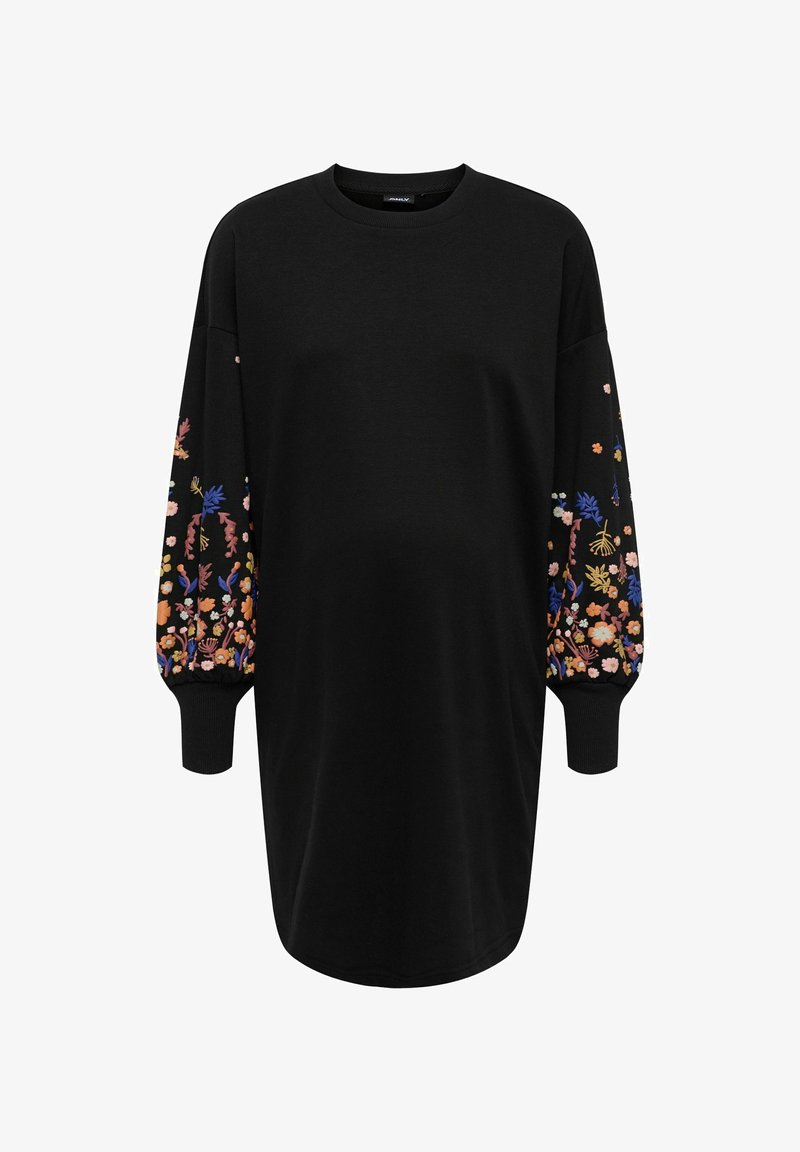 Czarna sukienka z długimi, balonowymi rękawami ozdobionymi kolorowym haftem kwiatowym. Wykonana z miękkiego materiału, z okrągłym dekoltem i luźnym krojem.