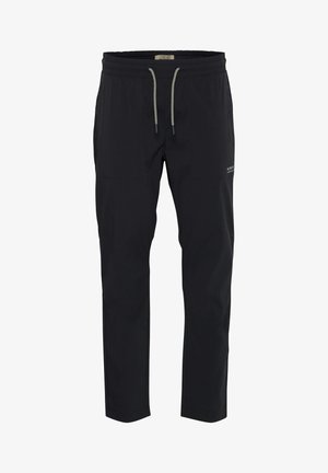 Černé sportovní kalhoty se elastickým pasem a nastavitelným stahováním, vybavené bočními kapsami a hladkým, lehkým materiálem.