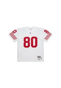 Weißes Football-Trikot mit der roten Nummer 80 auf der Vorderseite und den Ärmeln, NFL-Logo unter dem Kragen und einem Aufnäher am Saum mit der Aufschrift "1984 Jerry Rice."