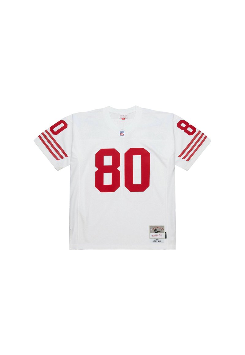Weißes Football-Trikot mit der roten Nummer 80 auf der Vorderseite und den Ärmeln, NFL-Logo unter dem Kragen und einem Aufnäher am Saum mit der Aufschrift "1984 Jerry Rice."