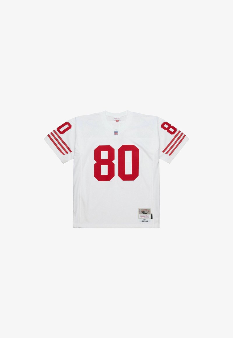 Weißes Football-Trikot mit der roten Nummer 80 auf der Vorderseite und den Ärmeln, NFL-Logo unter dem Kragen und einem Aufnäher am Saum mit der Aufschrift "1984 Jerry Rice."
