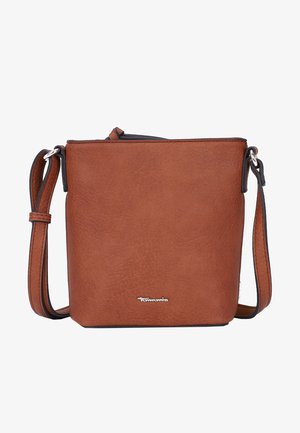 Brown leather crossbody bag with a smooth texture, rectangular shape, and adjustable shoulder strap. Features a subtle logo and top zipper closure.