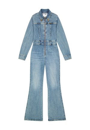 Lichtblauwe denim jumpsuit met een rits aan de voorkant, kraag, taps toelopende taille, uitlopende broekspijpen en contrasterende stiknaden. Bevat het Wrangler-logo op de borst.
